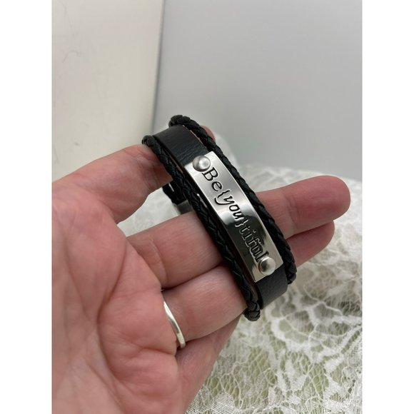 "Be{you}tiful" Stainless Steel & Black Faux Leather Easy Clasp Bracelet - Picture 3 of 11